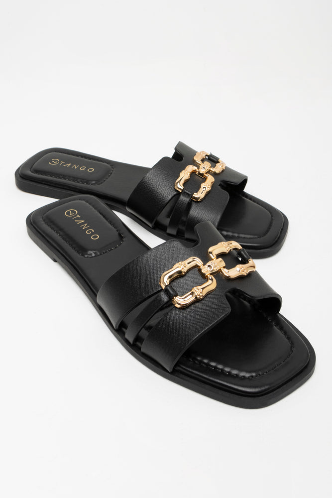 Women's Flat Slide Sandals with a Memory Foam Insole in White for All - Day ComfortSnaffle Trim Mule Sandal Black Women's Flat Slide Sandals with a Memory Foam Insole in White for All - Day ComfortSnaffle Trim Mule Sandal Black