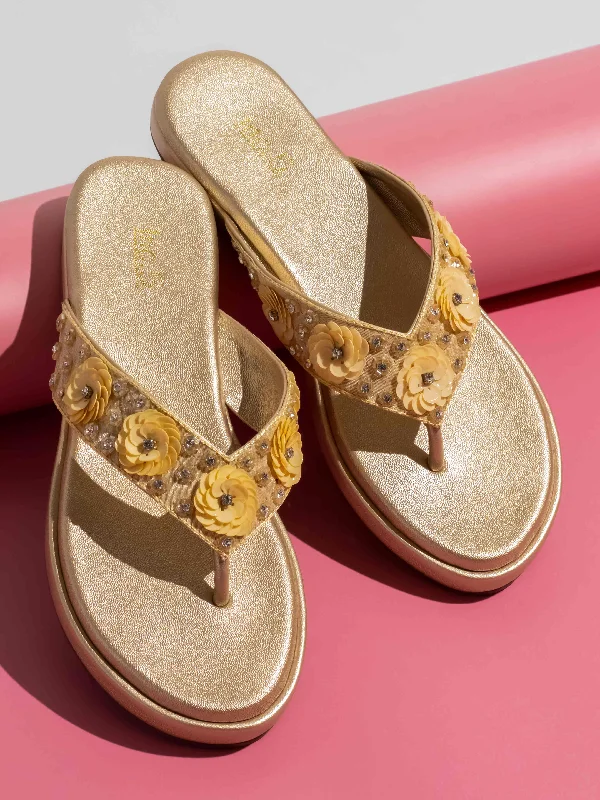 Women's Sandals with a Glitter - Coated Strap in Gold for a Sparkly Summer OutfitWomen Gold Embellished Thong-Strap Sandals Women's Sandals with a Glitter - Coated Strap in Gold for a Sparkly Summer OutfitWomen Gold Embellished Thong-Strap Sandals