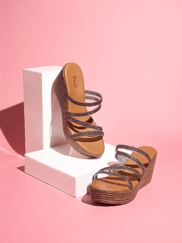 Adjustable Strap Women's Sandals with a Padded Heel in Pink for a Custom FitWomen Gun Metal Textured Wedge Sandals Adjustable Strap Women's Sandals with a Padded Heel in Pink for a Custom FitWomen Gun Metal Textured Wedge Sandals