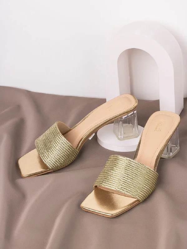 Women's Sandals with a Glitter - Coated Strap in Gold for a Sparkly Summer OutfitWomens Golden Solid Square Toe Party Wear Block Heel Sandals Women's Sandals with a Glitter - Coated Strap in Gold for a Sparkly Summer OutfitWomens Golden Solid Square Toe Party Wear Block Heel Sandals