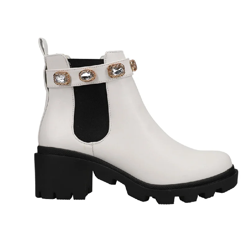 women's ankle boots with metallic finishAmulet Rhinestone Chelsea Booties
