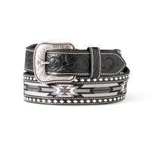 women's western boots with fringeAriat Black Floral Embossed Belt with Black/White/Grey Southwest Pattern Inlay