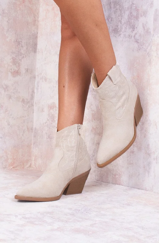 women's ankle boots with metallic finishBeige Suede Cowboy Ankle Length Boots