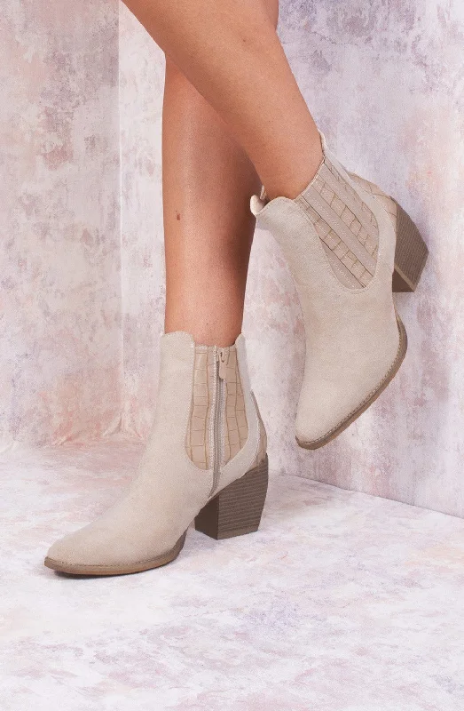 women's ankle boots with block heelsBeige Faux Suede Patent Pu Heeled Ankle Boot