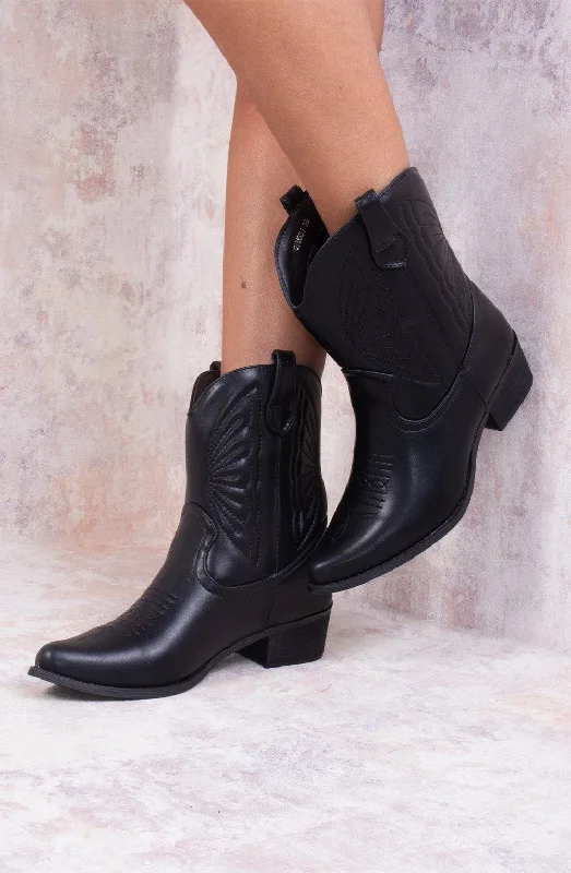 women's ankle boots for fallBlack Ankle Length PU Cowboy Boot
