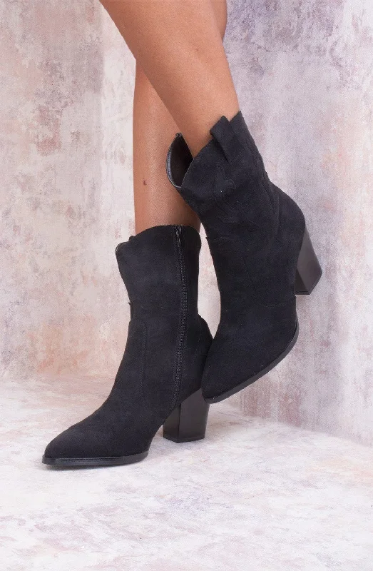 women's ankle boots with chunky heelsBlack Classic Faux Suede Cowboy Heeled Boot