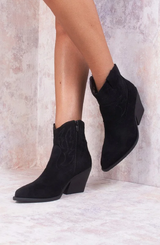 women's ankle boots with zippersBlack Suede Cowboy Ankle Length Boots