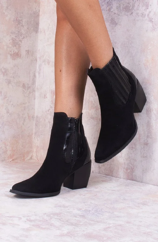 women's ankle boots with padded insolesBlack Faux Suede Patent Pu Heeled Ankle Boot
