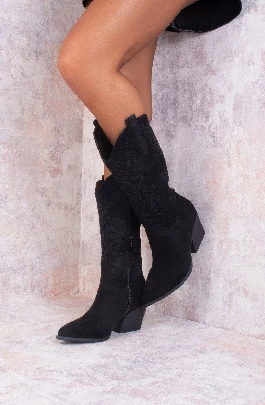 women's ankle boots with adjustable strapsBlack Almond Toe Mid Calf Embroidered Cowboy Boot