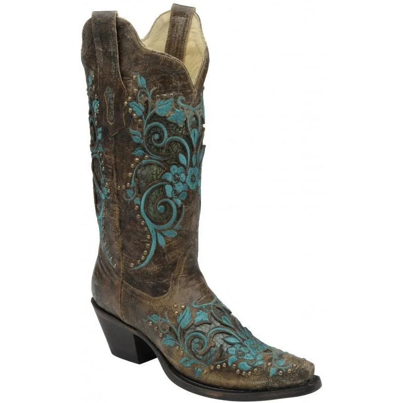 women's waterproof moto bootsCorral Boots Dark Antique Saddle/ Turquoise Inlay & Studs R1213