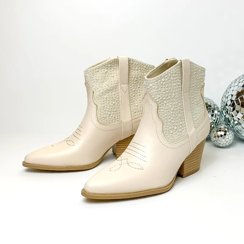 women's ankle boots for workRunaway Bride Heeled Ankle Booties with White Pearl Embellishment in Ivory