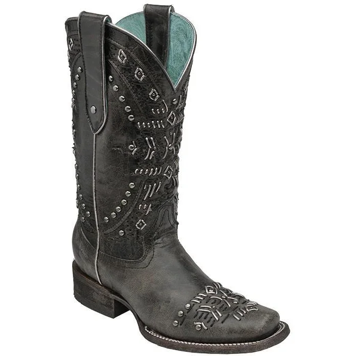 women's over-the-knee moto bootsCorral Boots LD Black/Metallic Knitting & Studs Square Toe C2917
