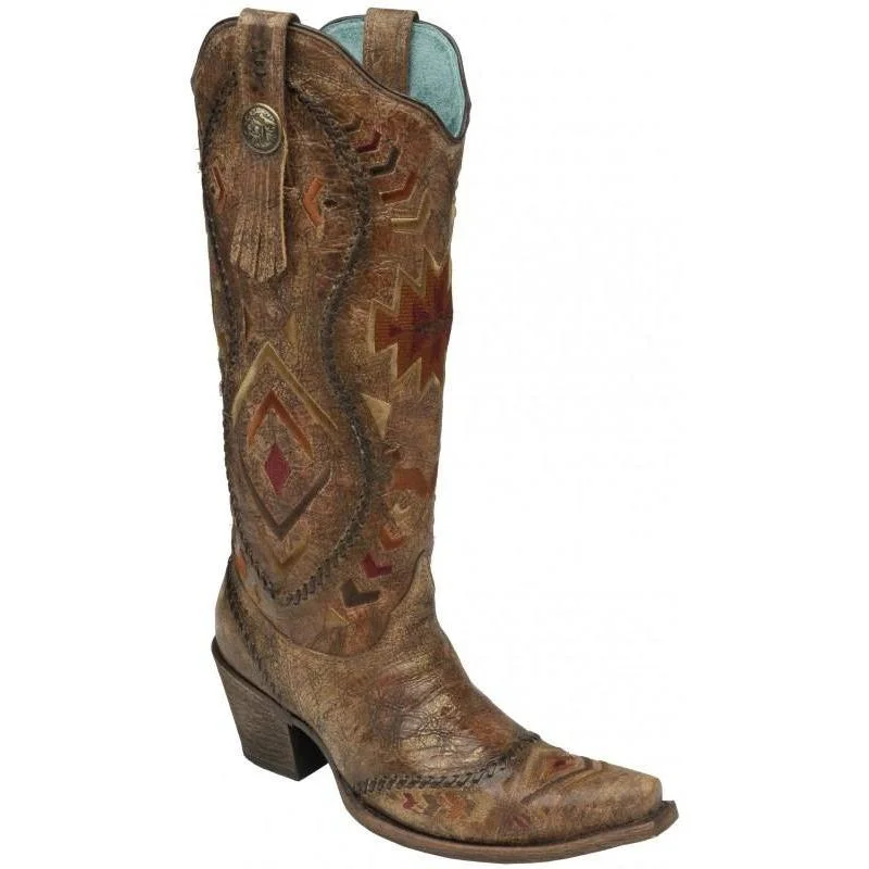 women's moto boots for winterCorral Boots LD Cognac/ Multicolor Ethnic Pattern & Whip Stitch C2872