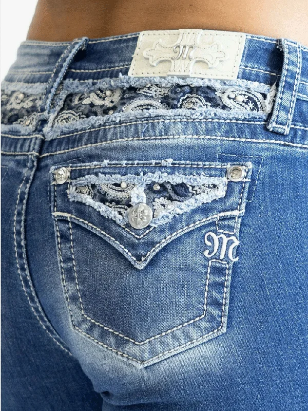 women's moto boots with unique tread patternsMiss Me M9368BV Womens Mid Rise Boot Jean Medium Blue