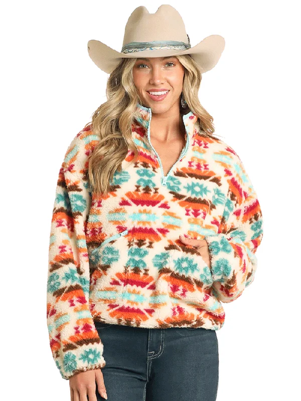 women's western boots with roper heelRock & Roll Denim BW91C04476 Womens Aztec Print Sherpa Pullover Cream