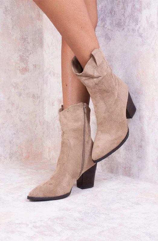 women's ankle boots with bow detailsTaupe Classic Faux Suede Cowboy Heeled Boot