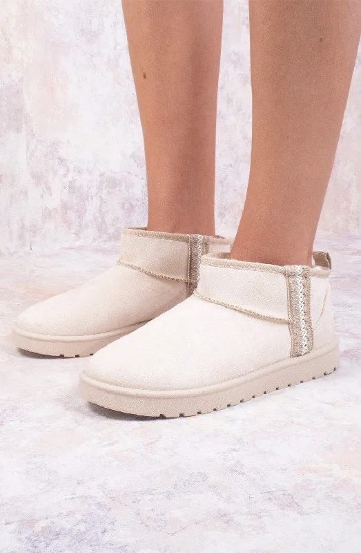 women's ankle boots for special occasionsUltra Mini Ankle Length Embroidery Faux Fur Lining Boots In Beige Suede