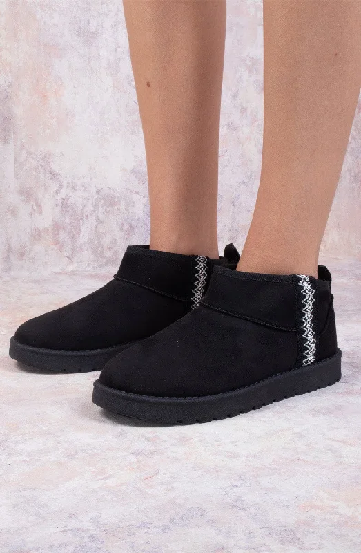 women's ankle boots with glitterUltra Mini Ankle Length Embroidery Faux Fur Lining Boots In Black Suede