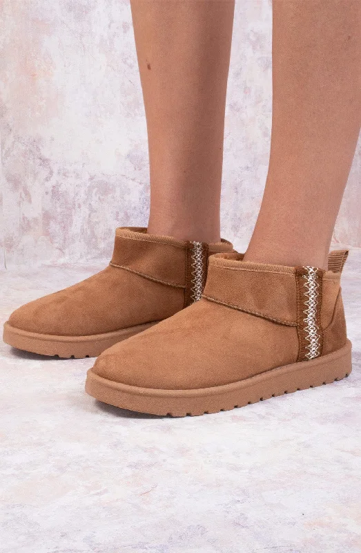 women's lace-up ankle bootsUltra Mini Ankle Length Embroidery Faux Fur Lining Boots In Tan Suede