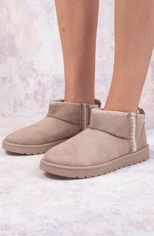 women's ankle boots with round toeUltra Mini Ankle Length Embroidery Faux Fur Lining Boots In Taupe Suede