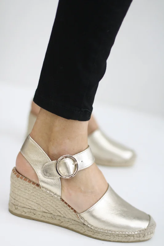 women's ankle boots with sock designVIGUERA 1922 GOLD LEATHER ESPADRILLE WEDGES