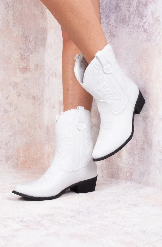 women's ankle boots with embroideryWhite Ankle Length PU Cowboy Boot